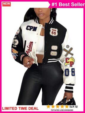 Faux Leather Cropped Varsity Bomber Jacket with Patches